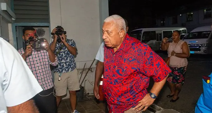 Former Prime Minister Voreqe Bainimarama outside the Totogo Police Station in Suva on March 9, 2023. Photo: Leon Lord