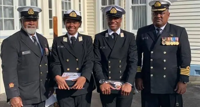 From Left WO 1 Sitiveni Jitoko, Midshipman Sokoilagi, Midshipman Koroitubuna and Captain Humphrey Tawake at Officers Training School in Auckland New Zealand.