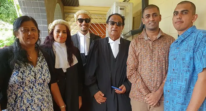 From left: Sunita Kumar, Sabrina Iqbal Khan Sharma, Zafar Iqbal Khan, Iqbal Khan, Rosheel Kumar and Pravishek Kartik at the High Court in Lautoka on February 14, 2020.  Photo: Nicolette Chambers