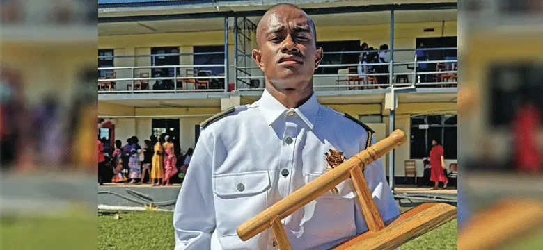  Nabua Secondary School baton of honour recipient Sunia Vatuaqa at the Nabua Secondary School cadet passing-out ceremony on July 19, 2024. Photo: Asenaca Ratu