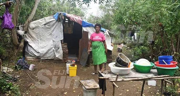 Mereani Ranasau outside their makeshift tent home in Nacovi, Nadi. Photo: Mereleki Nai