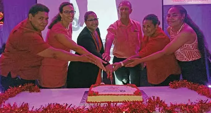 From left: Safaira Semi, Global Green Growth Institute Regional Director Katarina Syngellakis, RISE Project Design Manager Meagan Volau, Fiji Institution of Engineers President Vijay Krishnan, student member of the Fiji Institution of Engineers and Year four USP Civil Engineering student Blessing Elaise during the cake cutting ceremony to mark International Women in Engineering at the Albert Park Pavilion in Suva. Photo: Laiseana Nasiga