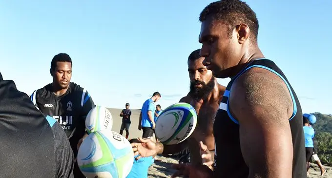 Fiji Airways Flying Fijians rep Leone Nakarawa during training at the Sand Dunes in Sigatoka yesterday. Photo: WAISEA NASOKIA
