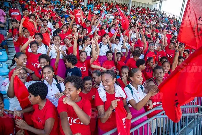 Students of Uci house in celebration during the Adi Cakobau School interhouse competition at the ANZ National Stadium, Suva, on February 20, 2021. Photo: Leon Lord
