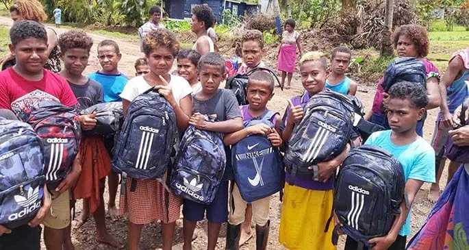 Students of Nasarawaqa Primary School in Bua showing their new bags on February 19, 2021.