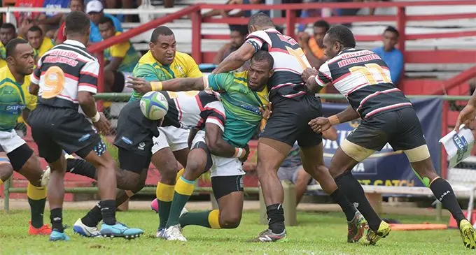 Tailevu outside centre Simeli Koniferedi offloads against Naitasiri during the final round of the Skipper Cup Premiership clash at Ratu Cakobau Park, Nausori, on June 8, 2019. Photo: Ronald Kumar.