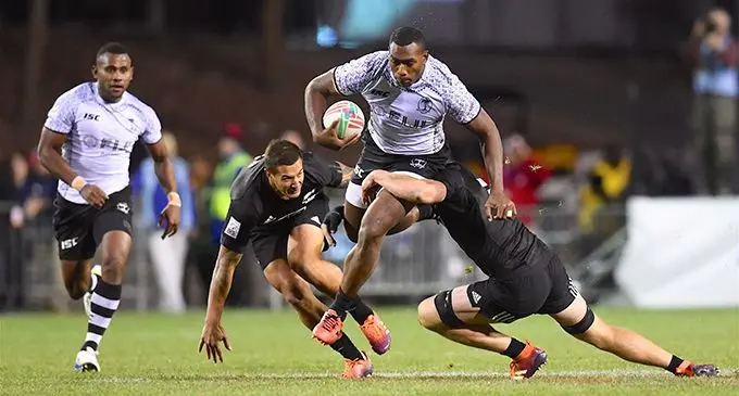 Fiji Airways Fijian 7s forward Mesulame Kunavula takes on the New Zealand defence where he lost the ball in the turnover and ended our Cup campaign at the USA 7s in Las Vegas on March 2, 2019.  Photo: Ian Muir