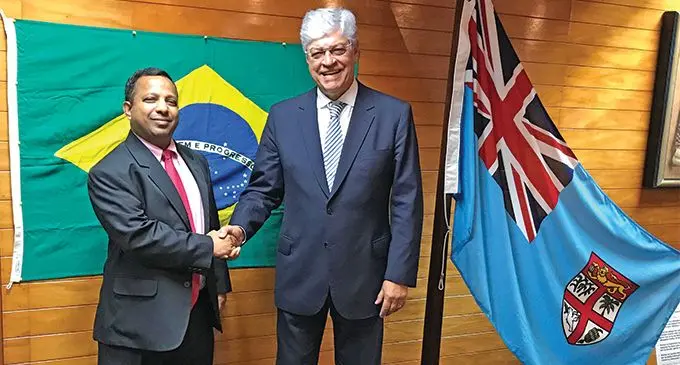 Newly commissioned Honorary Consul for Brazil in Fiji Nouzab Fareed with Brazilian Ambassador-designate to Fiji, Papua New Guinea and Vanuatu, Sérgio Eduardo Moreira Lima on March 26, 2019. Photo: Maraia Vula