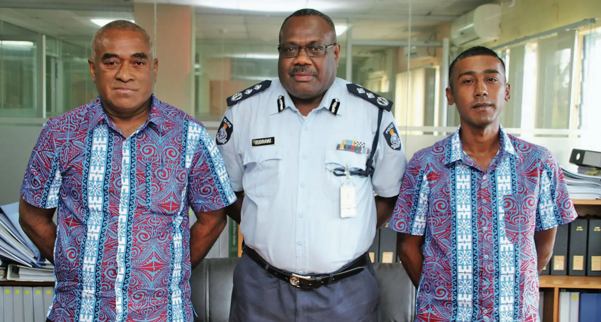 From left: Police Constable John Hunt Bainivanua , Acting Deputy Commissioner of Police Rusiate Tudravu and Police Constable Edwin Raju. Photo: Police Media Cell