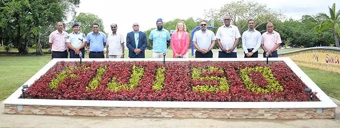 ASP Ryland, Suva City Council CEO, Azam Khan, Special Administrator Vimal Kumar, Chair, Isikeli Tikoduadua, Rotary Club rep, Prashant Anurag, Special Administrator Kerry Mara,Suva Retailers Association President Vinay Kumar, SCC Director Administration Asaeli Tokalau, SCC Director Finance Kavin Rathod and SCC Director Health Naresh Narayan next to Fiji 50 garden put at My Suva Park for Fiji Day celebration on September 30, 2020. Photo: Ronald Kumar.