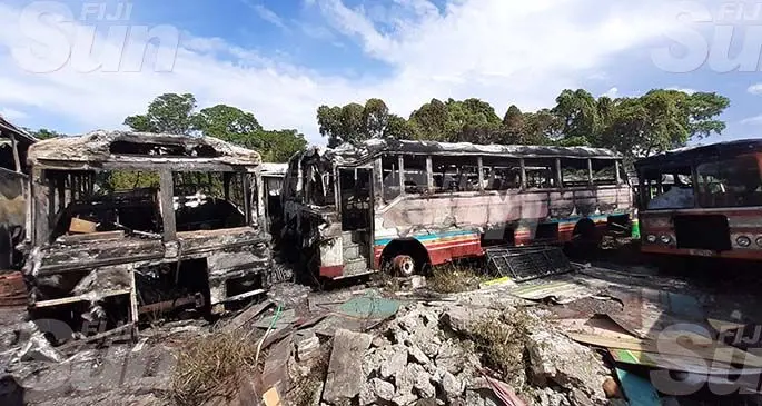 Derelict buses that were burned on March 5, 2020. Photo: Shalveen Chand