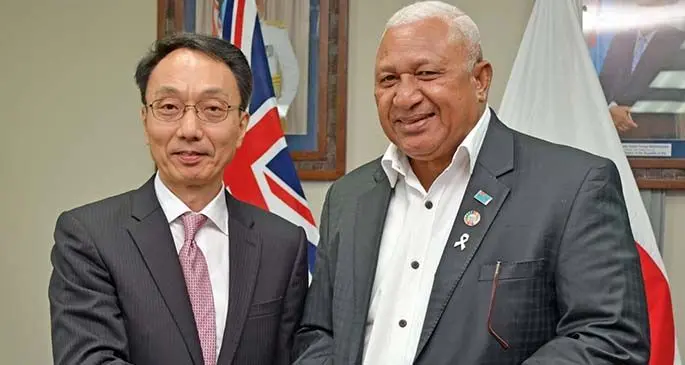 Ambassador of Japan to Fiji Kawakami Fumihiro with Prime Minister Voreqe Bainimarama after the signing ceremony at the Office of the Prime Minister on February 22, 2021. Photo: Office of the Prime Minister