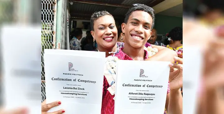 Mother Lavenia Zinck and son Alifereti Raqauqau at the Pacific Polytech graduation ceremony at Nabua Campus on April 16, 2025. Photo: Ronald Kumar