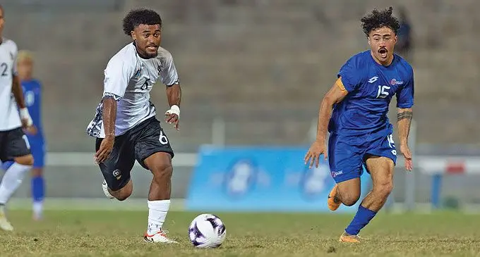 Digicel Fiji football striker Thomas Dunn on the attack against Samoa in the OFC Nations Cup at the HFC Bank Stadium, Suva, on June 19, 2024. Photo: OFC Media