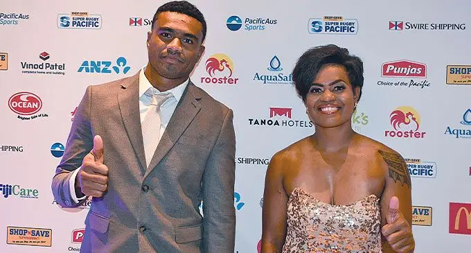 Sevens Olympian Iosefo Masi and Vani Arei during the Fiji Airways Drua awards night at Sofitel Fiji Resort on Denarau, Nadi on June 11, 2024. Photo: Waisea Nasokia