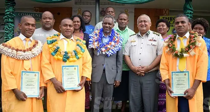 Graduates (from left-front row) Isimeli Tiko Baleirotuma, Opeti Korodrau, International Committee of Red Cross Regional head, Vincent Ochilet, Corrections Commissioner Commander Francis Kean and Samuela Mocevakanananu with family members on July 21, 2020. Photo: Ronald Kumar