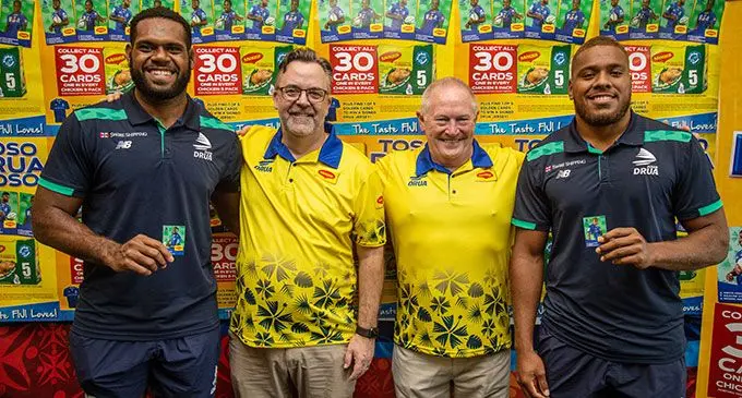 From left: Swire Shipping Fijian Drua lock forward Chris Minimbi, Nestle Fiji general manager Tim Inkster, Fijian Drua chief executive officer Brain Thorburn and Drua hooker Tevita Ikanivere during the Maggie Drua promotion partnership official launch at Albert Park, Suva, on April 25 2022. Photo: Leon Lord