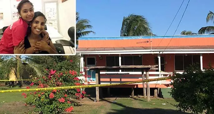 Police cordoned off the home in Namara, Labasa, on July 23, 2020. Photo: Shratika Naidu INSET: In happier days: Rohini Lal pictured with her daughter, Jiya Jaanvi.