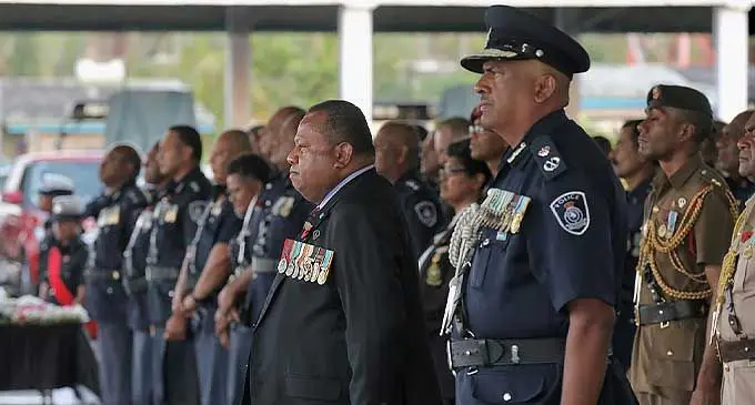 Minister for Defence, National Security and Policying Inia Seruiratu and members of the Fiji Police Force at the Remembrance Day on September 29, 2022.