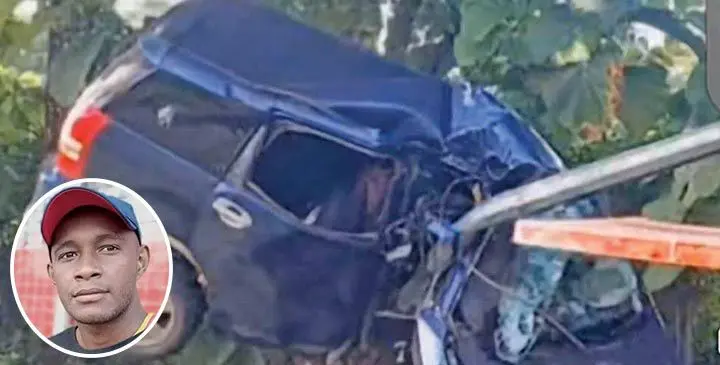 The scene after the road accident along Lodoni Road, Tailevu on June 1, 2025. Photo: Police Media Cell/Inset: Road accident victim Temesia Manu.