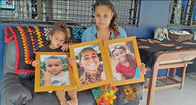 Mother, Soroyasiga Davis with her daughter, Miriam Leilani holding the pictures of deceased, Jemima Grace, Elijah Armstrong and Moses Koroibulileka at their home in Nasinu on April 7, 2023. Insert: Driver of the vehicle, Epineri Vula. Photo: Wati Talebula-Nuku