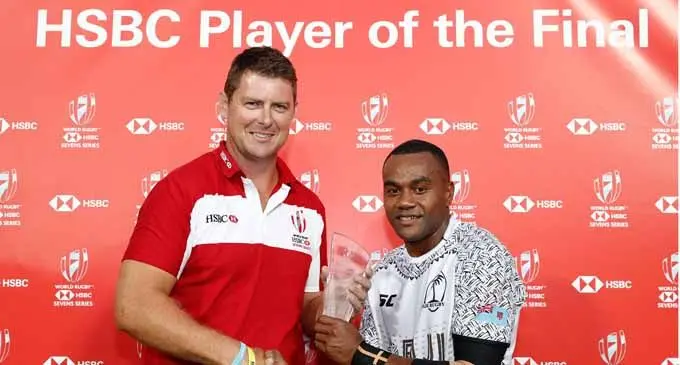 Fiji Airways Fijian 7s rep Alosio Naduva receives the Player of the Final award on February 4,2018. Photo:  World Rugby