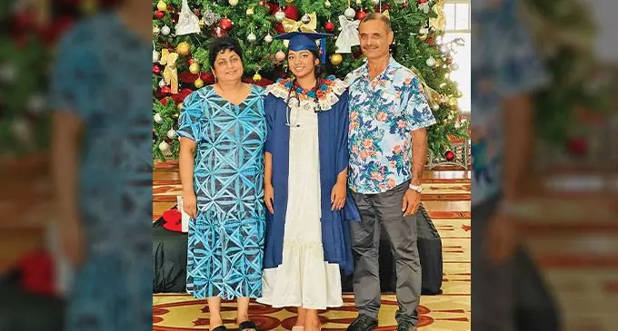 Aaliyath Aamira Rahiman, is flanked by her dad Hafiz Rahiman, and mum Zenat Nisha in Suva.