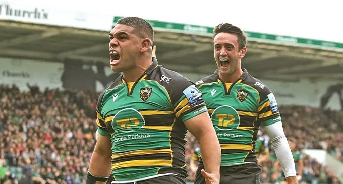 Sam Matavesi after scoring his second try as Northampton Saints beat Newcastle 65-26 on Saturday.