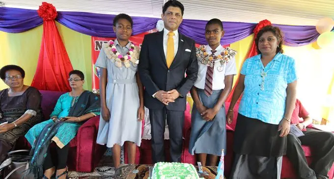 From left: Headgirl Cema Boteivanua, Attorney-General and Minster for Education Aiyaz Sayed-Khaiyum, headboy Joshua Veikoso and school headteacher Urmila Kumar on February 9, 2018. Photo: DEPTFO News
