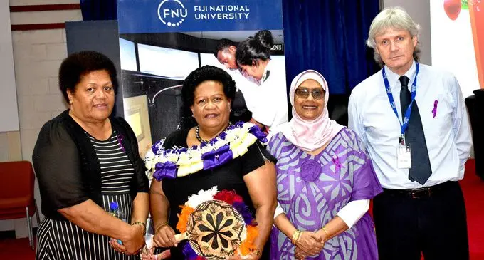 From left: Fiji National University Pro Vice Chancellor Learning and Teaching Eci Nabalarua, Professor in Education Unaisi Nabobo Baba, Head of School Communication and Language and Literature Zakia Ali Chand and FNU Vice Chancellor Professor Nigel Healey at the FNU Nasinu Campus on March 8, 2018. Photo: Shirika Shalini