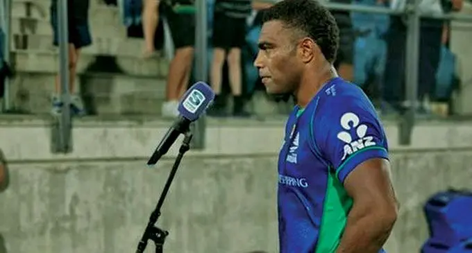 Swire Shipping Fijian Drua centre Apisalome Vota after receiving his Man of the Match award, a $500 shopping voucher from Vinod Patel, at the Sunshine Coast Stadium in Queensland on March 5, 2022. Photos: Fijian Drua