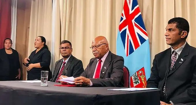From left: Deputy Prime Minister and Minister for Finance Biman Prasad, Prime Minister Sitiveni Rabuka and Minister for Education Aseri Radrodro during the press conference at the Office of the Prime Minister on January 10, 2023. Photo: Leon Lord