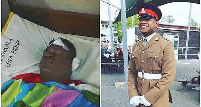 Private Sailasa Laudola after he was injured last year (left) and after he graduated into the British army (right).