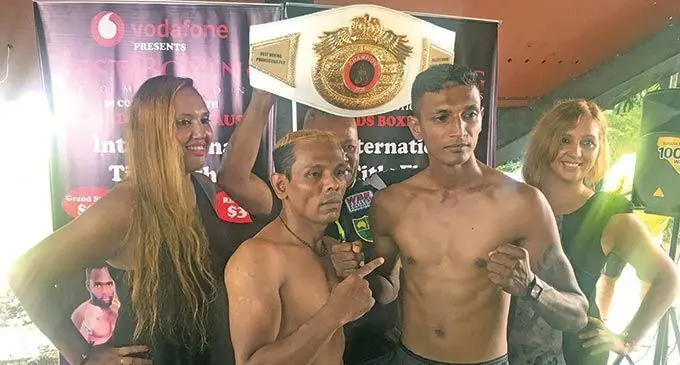 From left: Boxing Commission of Fiji West Usman ‘Lale’ Ali, Siliveni Nawai, Ulaiasi Naivogo (Nawai’s trainer), South Pacific Boxing Promotions promoter Freddy Chand, Sikeli ‘The Phantom’ Senidoko during the weigh-in at the Nair’s Dais in Nadi on June 10, 2022. Photo: Waisea Nasokia.