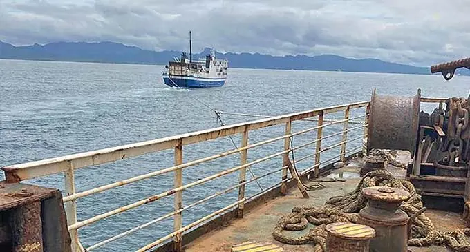 MV Lomaiviti Princess 3 vessel (left) being towed by MV Lomaiviti Princess 7.