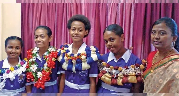 From left: Jasper Primary School deputy head girl Nishika Krishna, head girls Lauren Wasine and Faith Khan, deputy head girl Salaseini Tanivula and head teacher Lalita Kumar. Photo: Salote Qalubau