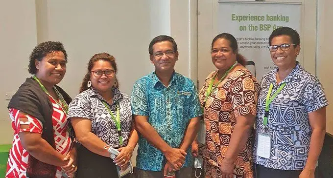 Delegates of the 2021 BSP Life FHRI Convention, from left: Fiji Sun Human Resource officer Timaima Na- kauyaca, Fiji Dairy’s Viniana Senimoli, BSP Fiji Branch general manager Corporate Services and chief financial officer Rajeshwar Singh, Fiji Sun Editorial Manager Soko Vakacegu, and CJP Group of Companies’ Mili Dauni- vesi at the Sofitel Fiji Resort and Spa on Denarau, Nadi on November 27, 2021. Photo: Mereleki Nai.