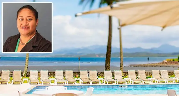 Pool side at Holiday Inn, Suva with inset - Women Enterpreneurs Business Council coordinator, Fiona Dansey.