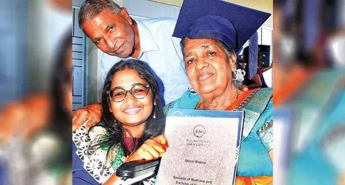 MBBS graduate Shruti Shama with grandparents Ram Raji, 70, and Sant Prasad, 77, at the Vodafone Arena, Suva, on December 13, 2023. Photo: Ronald Kumar