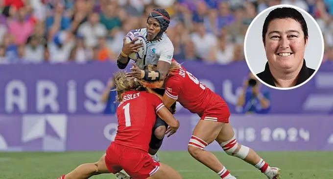 Team Fiji women’s 7s winger Ilisapeci Delaiwau on the run against China during their pool game at the Paris Olympics in France on July 29, 2024. China won 40-12. Photo: ONOC/ Inset: Fiji Rugby High Performance Women’s manager Alana Thomas. Photo: FRU