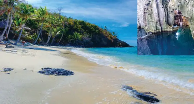A sandy stretch at Turtle Island, in the Yasawas. (Centre)  (Top Right) Sawa-i-Lau-caves in the Yasawas.