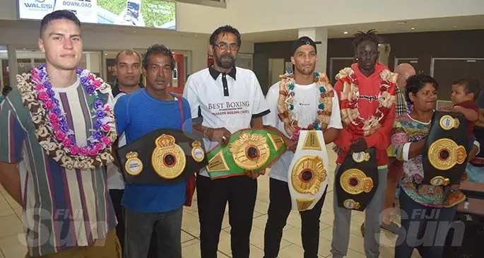 From left: Koen Mazouder, Baba Kumar, promoter Hasmat Ali, Michael Prasad Jnr, Manuer Matet at Nadi International Hotel on March 12, 2020. Photo: Waisea Nasokia