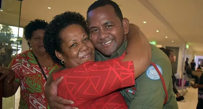 Tupou Silimaibau and her son, Inoke Vuetiviti Biumaikabara at Nadi internatiional Airport on October 18, 2019. Photo: Mereleki Nai
