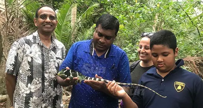 From left: Permanent Secretary for Environment Joshua Wycliffe, Minister for Agriculture, Waterways and Environment, Mahendra Reddy and Director Environment Sandeep Singh on Yadua Taba Island on May 21,2020. Photo: Laisa Lui