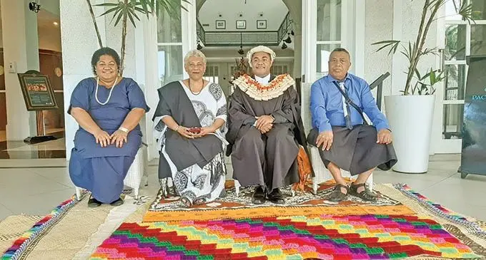 Ratu Sailosi Raimoqe Dawai (third from left) after he was admitted to the bar. He shared this shining moment with his mother Asinate Dawai (left), his father Ratu Tiko Dawai (right) and Acting Vice-Chancellor for University of Fiji Shaista Shameem (second from left) at the Grand Pacific Hotel in Suva on September 25, 2020.  Photo: Shreeya Verma