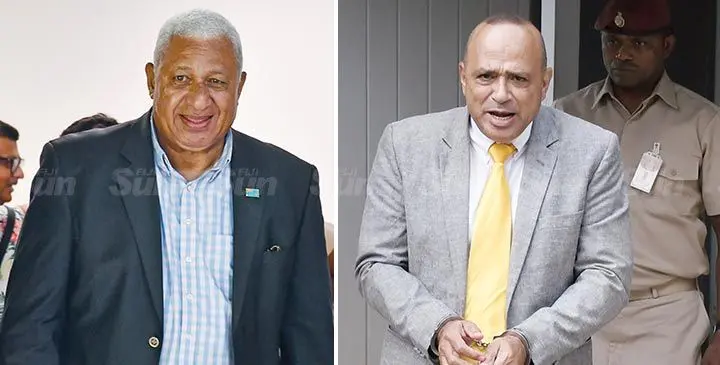 Former Prime Minister Voreqe Bainimarama (left) and former Police Commissioner Sitiveni Qiliho outside the Suva Magistrate Court in Suva. Photo: Ronald Kumar