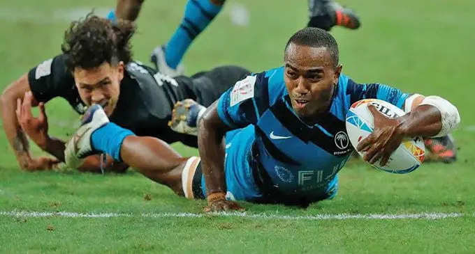 Fiji Airways Fijian 7s playmaker Waisea Nacuqu scores a try against New Zealand in the Cup final of the Singapore 7s at the National Stadium in Kallang on April 10, 2022. Fiji won 28-17. Photo: World Rugby