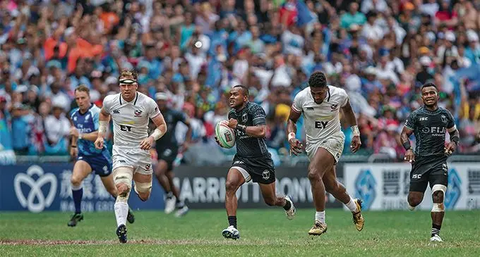 Fiji Airways Fijian 7s wing Alasio Naduva on his way to score one of his two tries against USA at the Hong Kong Stadium on April 7,2019. Fiji won 28-19. Photo: Kitione Rokomanu/Zoom Fiji