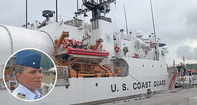 The U.S Coast Guard Cutter (USCGC) Harriet Lane berthed at the wharf in Suva. Inset: USCGC Harriet Lane Commanding Officer Nicole Tesoniero.