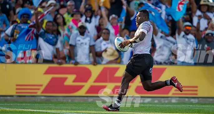 Fiji Airways Fijian 7s forward Asaeli Tuivuaka scores their opening try against Australia on January 25, 2020, during their pool match in the New Zealand 7s in Hamilton. Fiji won 19-12. They take on Argentina today at 11.57am, which they must win to book a Cup semifinal spot. Photo: Bruce Southwick/ZoomFiji